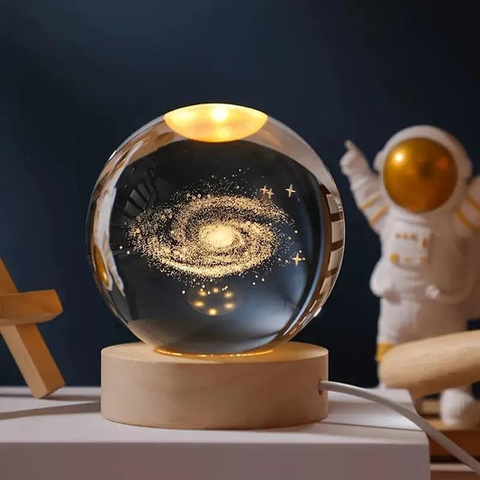 One94Store 3D Galaxy Crystal Ball Night Lamp - Engraved USB Table LED Wooden Light for Home Office Decoration and Birthday Gift (Galaxy)(Warm White)