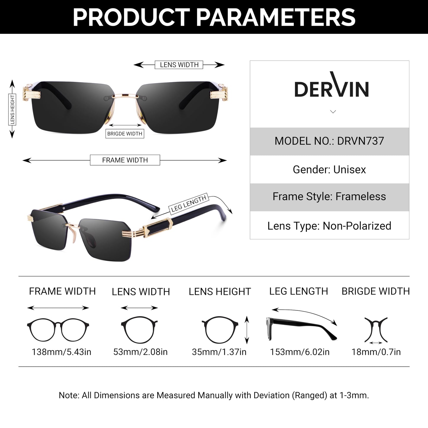 Dervin Rectangular Rimless Sunglasses for Men and Women (Brown)