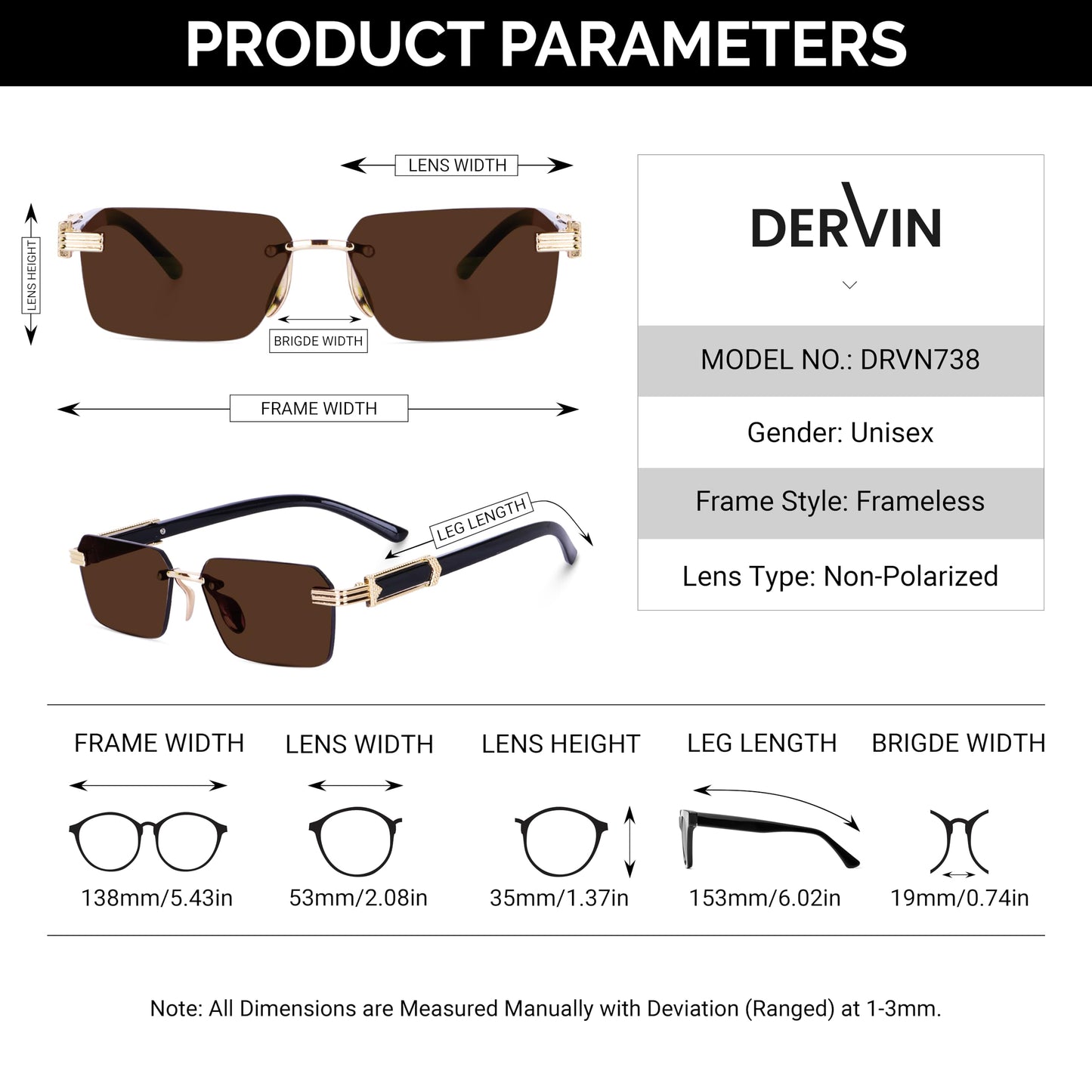 Dervin Rectangular Rimless Sunglasses for Men and Women (Brown)